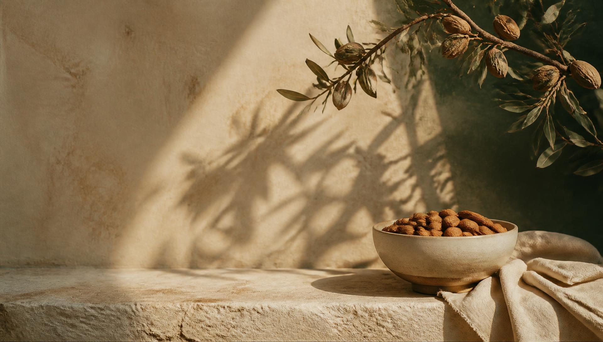 A bowl of almonds on a sunlit stone ledge
