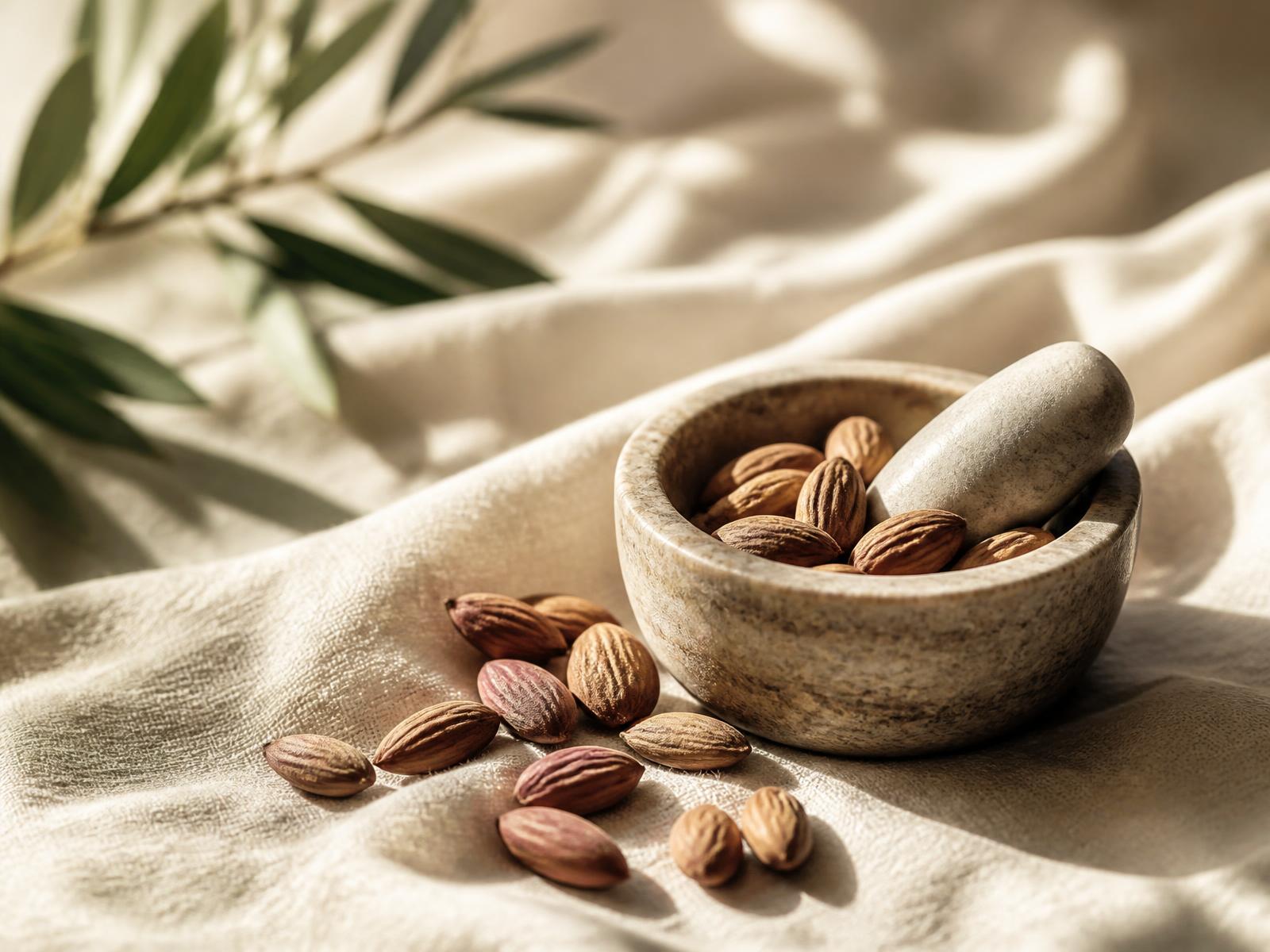 Almonds beside a stone mortar on linen